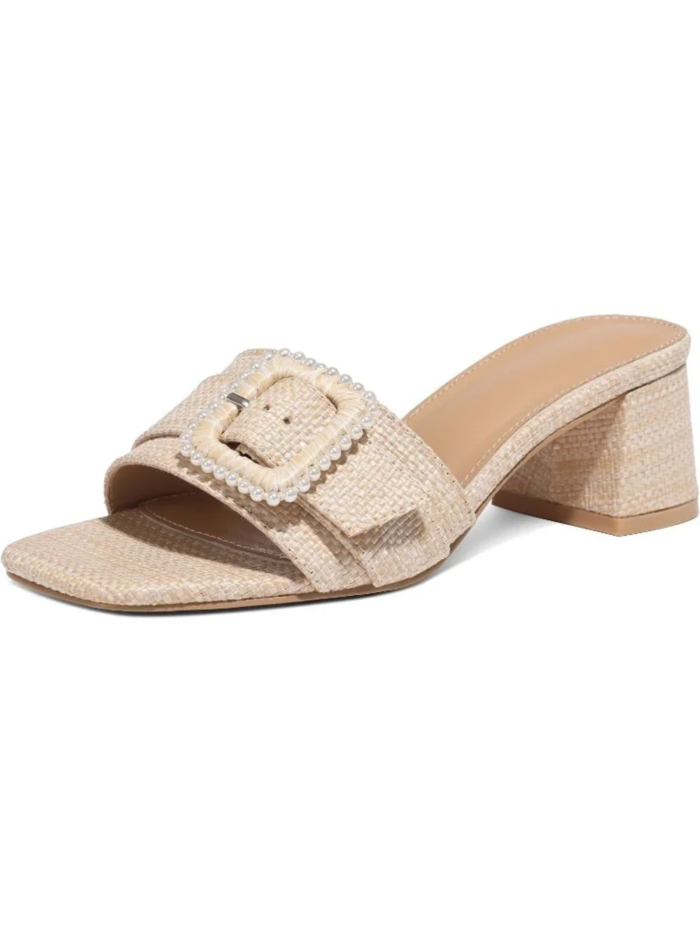 Women's Apricot Summer Chunky Heels Square Toe Mules Slip On Heeled Sandals
